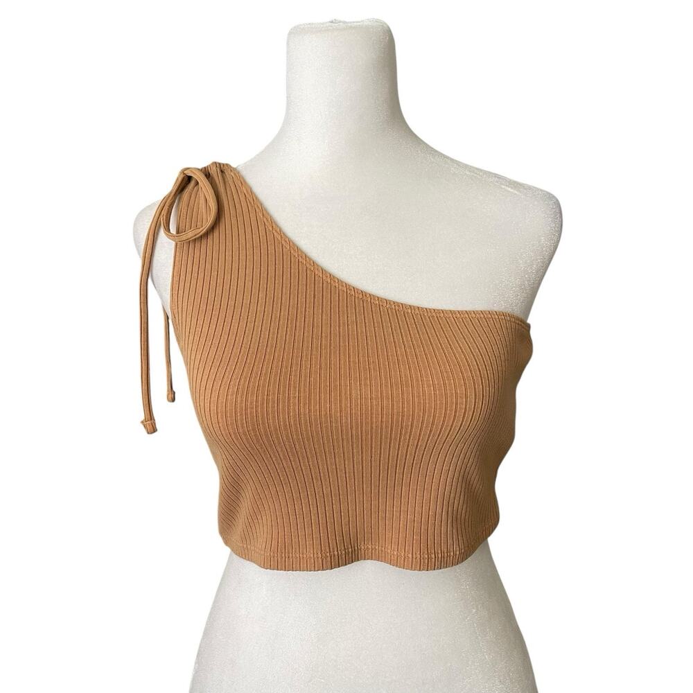 NWT Aerie Womens Medium Crop Top Ribbed One Shoulder Tan Blouse Tee Basic Casual